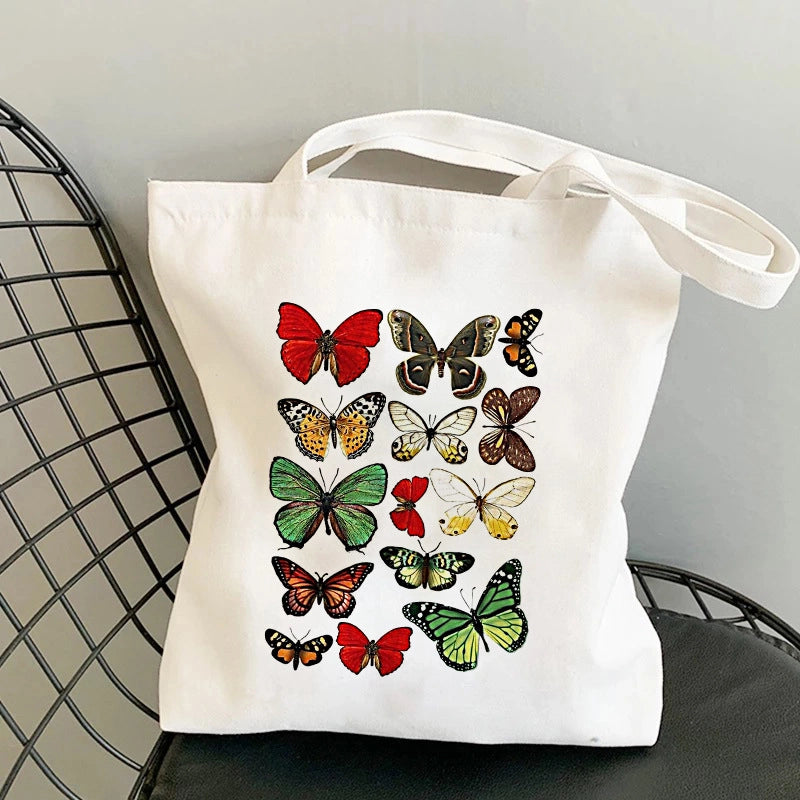 Women’s Large Canvas Printing Flower Butterfly Streetwear Square Open Canvas Bag