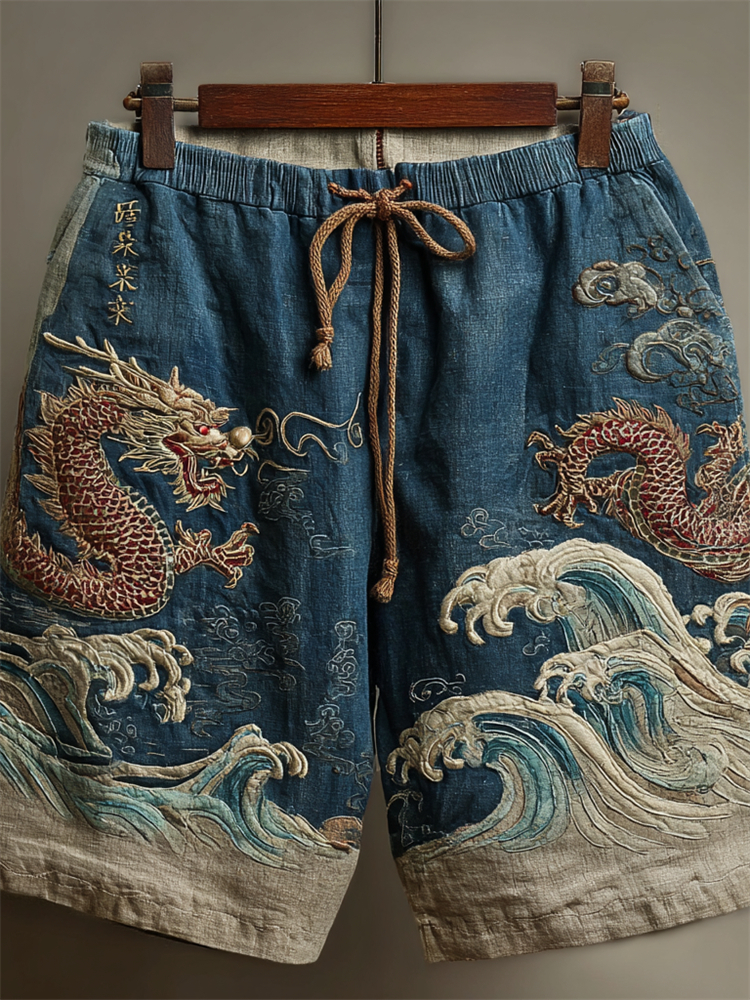 Japanese Dragon Sea Waves Embroidered Linen Shorts  artssus