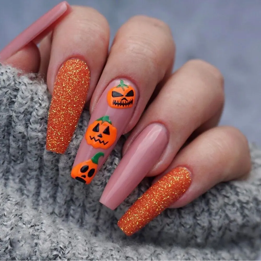 24pc/Box press on nails halloween Dark black Punk Ghost head tip nail pre design acrylic nail tip Full Cover Fake Nail 211-Nail Inspo