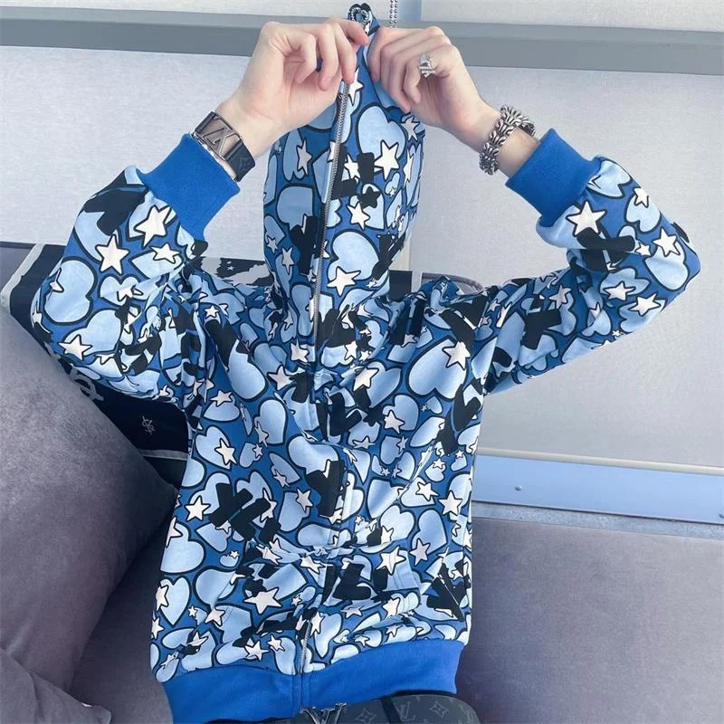 Stars Print Men's Oversized Zip Up Hoodie Sweatshirts Coats-VESSFUL