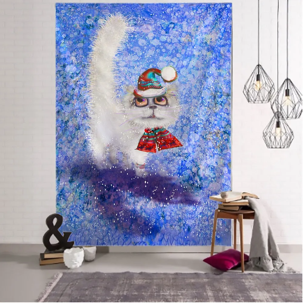 Christmas Kitten Snowman Tapestry Wall Hanging Anime Cute Illustration Children New Year Gift Home Decor