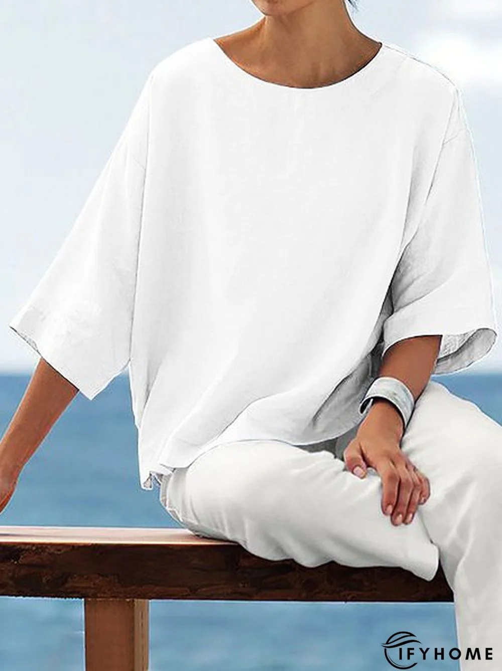 3/4 Sleeve Solid Casual Crew Neck T-Shirt | IFYHOME