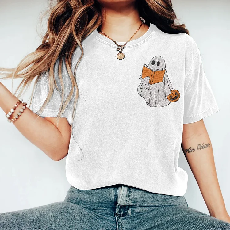 Ghost Reading Book Embroidery Fall Printed Art Women's T-shirt