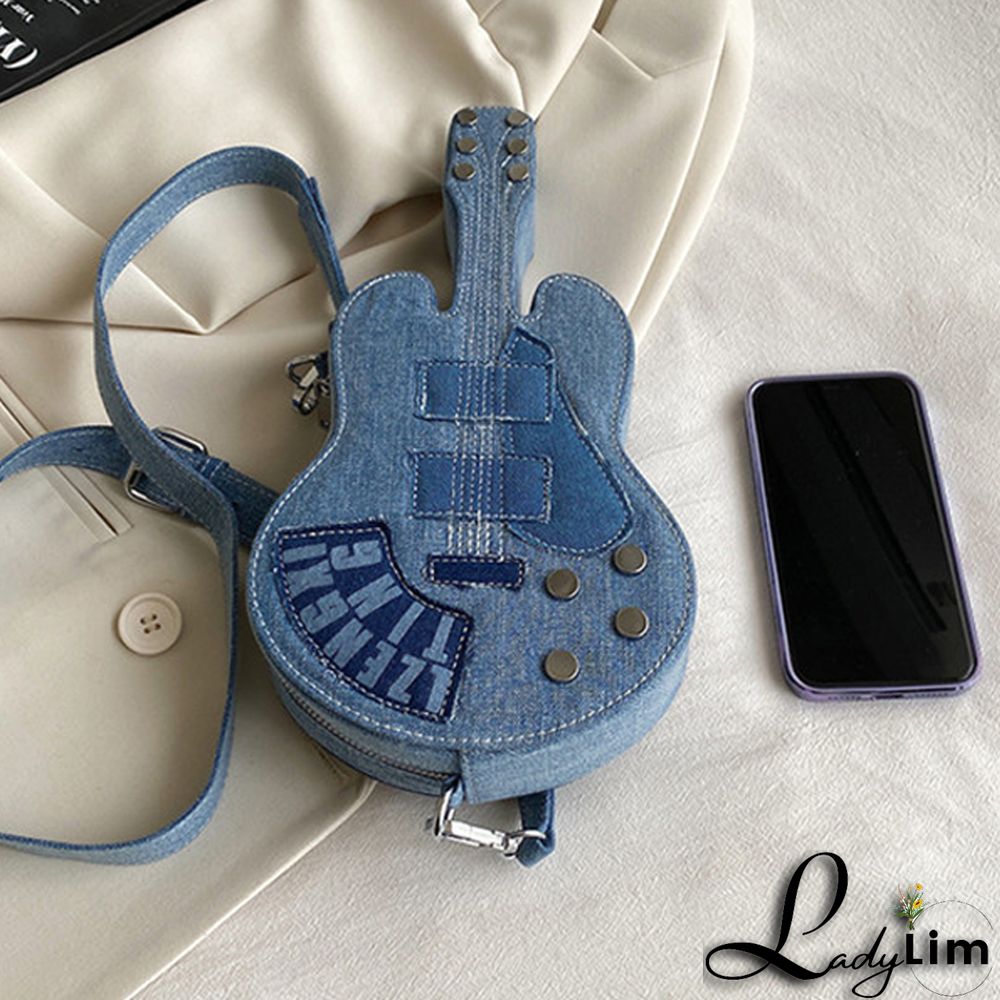 Blue Casual Patchwork Zipper Violin Messenger Bag