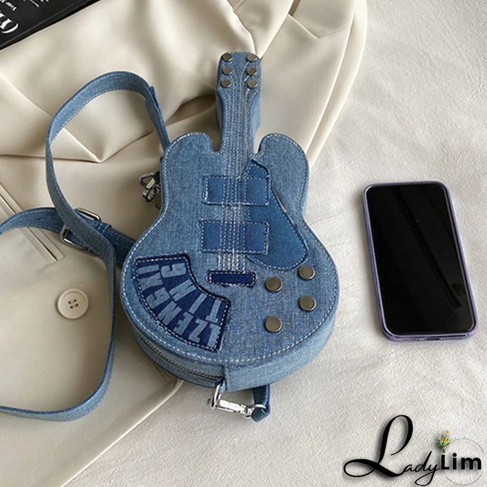 Blue Casual Patchwork Zipper Violin Messenger Bag