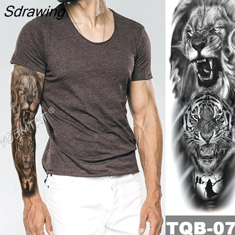 Sdrawing Arm Sleeve Tattoo Japanese Wave Waterproof Temporary Tattoo Sticker Lily Peacock Men Full Tiger Fox Tatoo Body Art Women