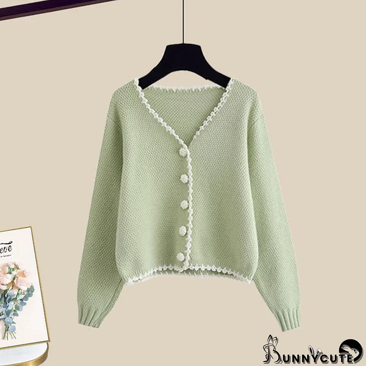 Fashion V-neck Cardigan Sweater Knit Skirt