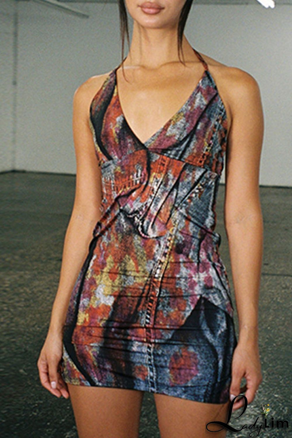 Blue Sexy Print Patchwork Halter Pencil Skirt Dresses