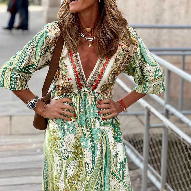 Women Bohemian Dress Women's Summer Middle-Sleeve Floral-Print Dress