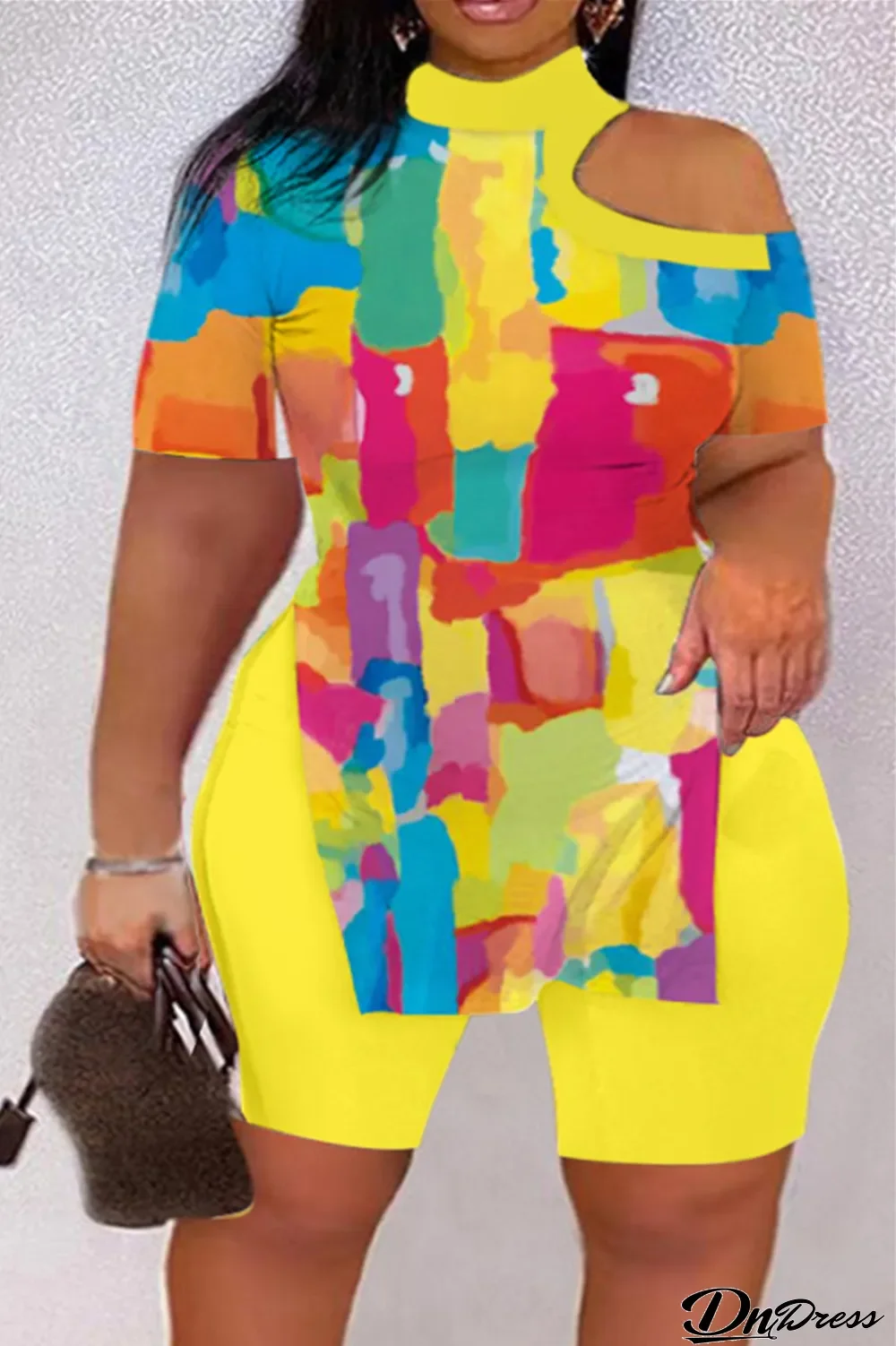 Yellow Casual Print Hollowed Out Slit Printing Contrast Turtleneck Short Sleeve Two Pieces