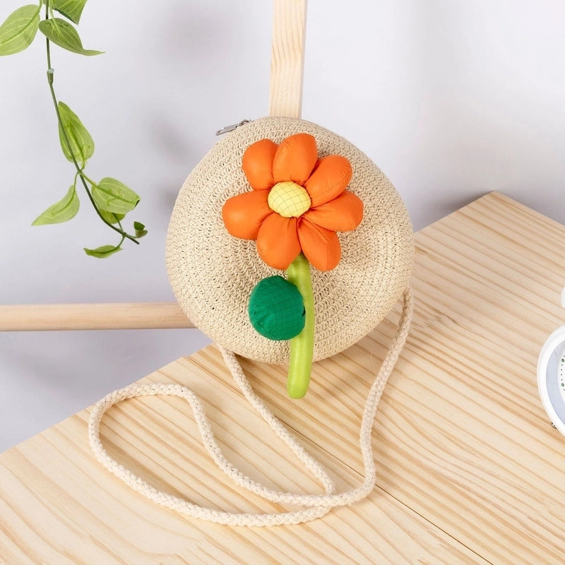 Girl’s Small Straw Flower Bow Knot Cute Round Zipper Crossbody Bag