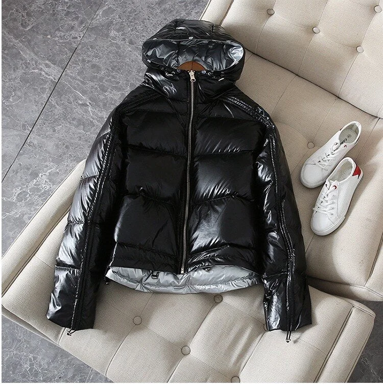 FTLZZ Winter Jacket Women Gold Silver Double Sided Down Coat Hooded White Duck Down Parkas Female Warm Snow Waterproof Outerwear