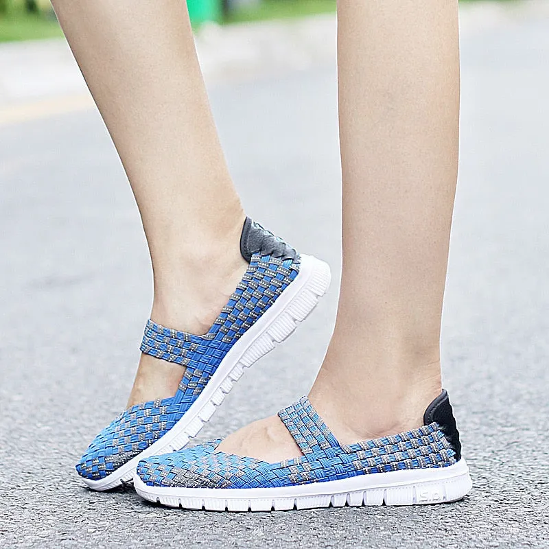 WHNB Women's Loafers Casual Shoes 2021 Spring Comfortable Sneakers Woven Breathable Flat Shoes Outdoor Hook&Loop Slip