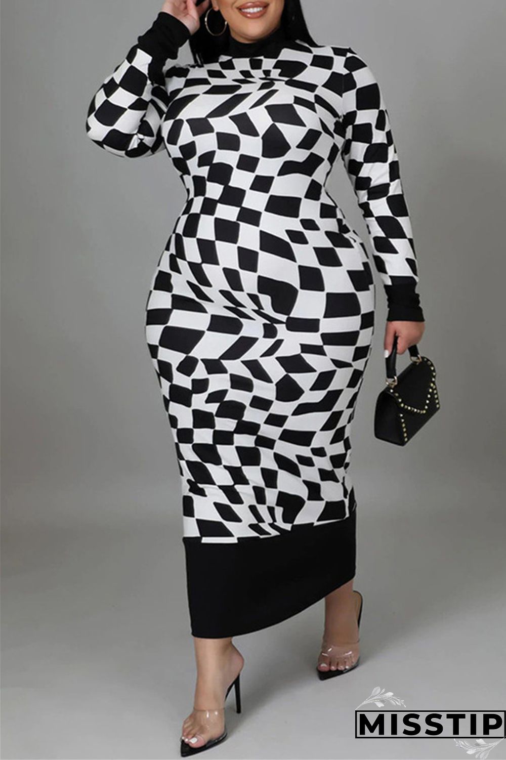 Yellow Casual Plaid Print Patchwork Half A Turtleneck Long Sleeve Plus Size Dresses