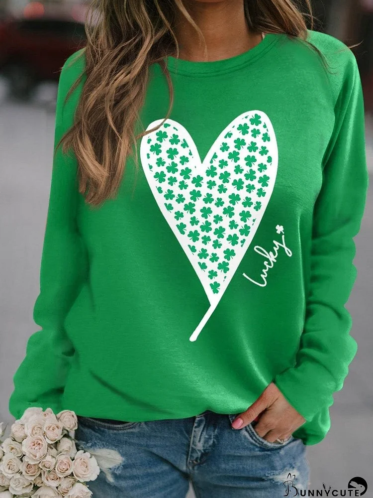 Lucky Clover Heart Print Raglan Sleeve Pullover Sweatshirt