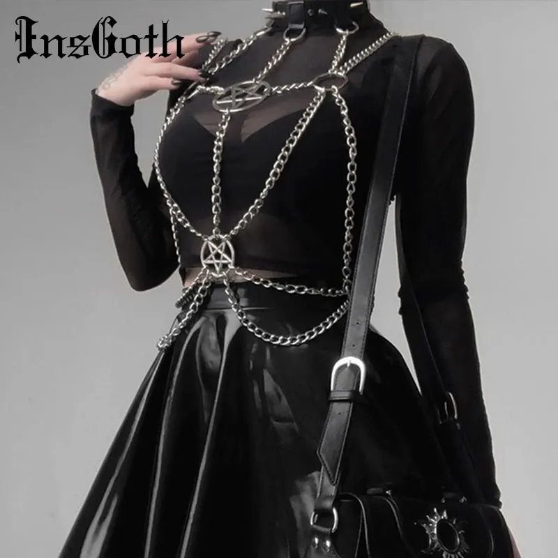 InsGoth Sexy Women Suspenders Chest Metal Chain Belt Gothic Harajuku Pentagrams Patchwork Streetwear Belts Chain Tassel Harness