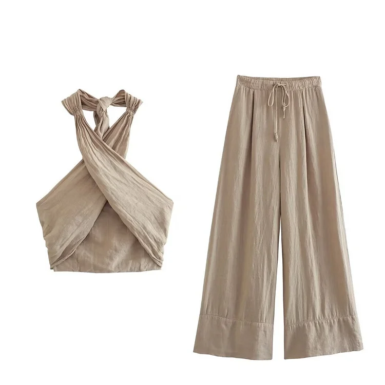 Hanging Collar Linen Top Wide Leg Pants Suit