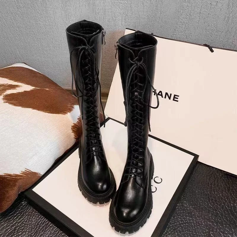 Leather Knee High Boots women's Shoes Fashion Autumn Winter Blue Beige Black Lace-up Riding Boots 34-40