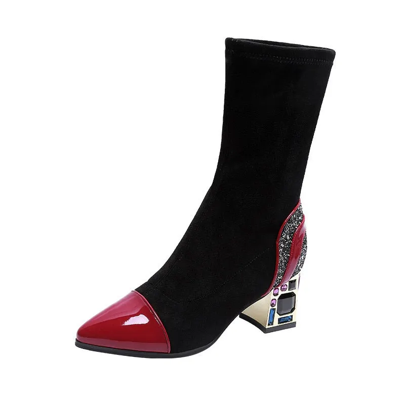 comemore Short Sock Boots Woman high Boot Elastic Fabric Rhinestone Square mid Heel Women's Winter Shoes Black Female footwear