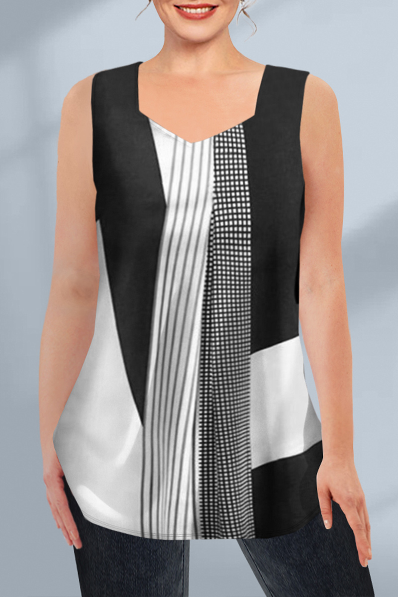 Plus Size Casual Colorblock Print V Neck Casual Tank Top 2024 - Flycurvy 