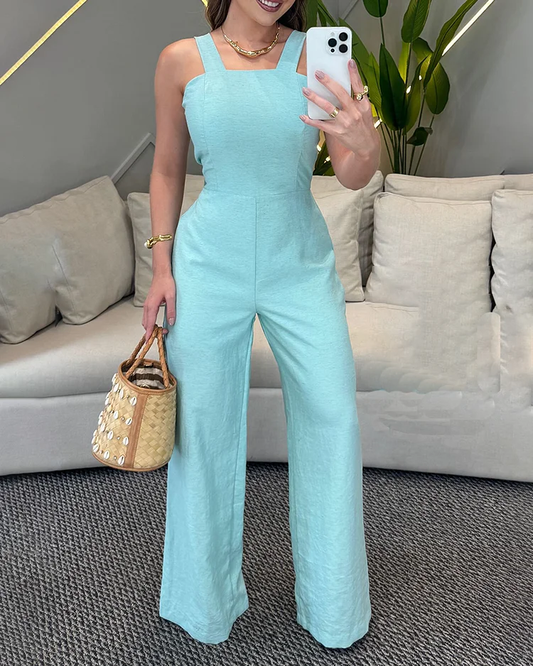 Women's solid color suspender jumpsuit