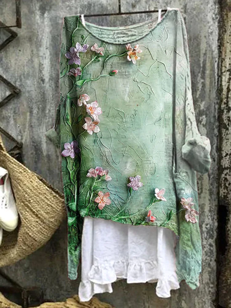 Floral Embroidery Art Linen Blend Vintage Shirt