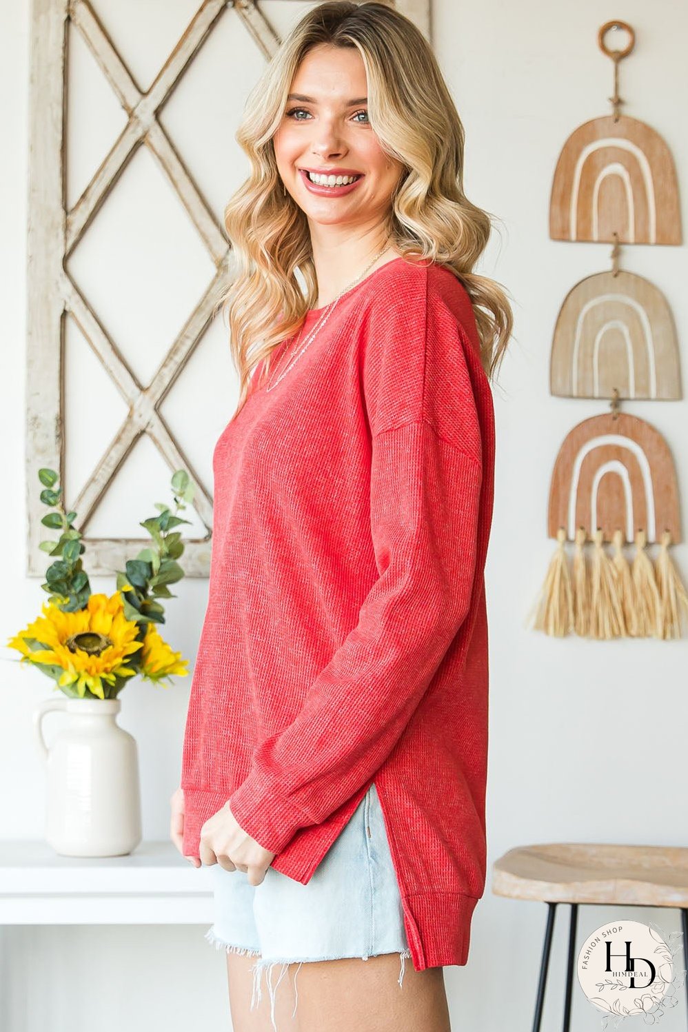 Washed Red Waffle Knit Side Slit Long Sleeve Top