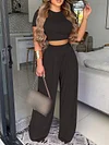 Solid Color Short Sleeve Empire Wide Leg Casaul Two-Piece Suit