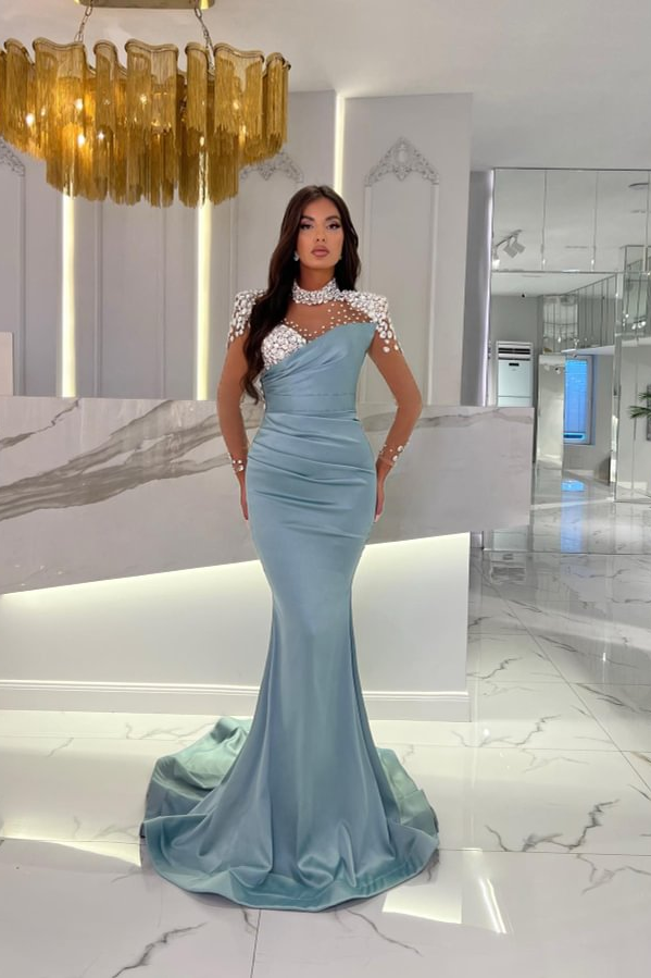 Lisliy Dusty Blue Elegant Long Sleeves Beading Mermaid Prom Dress Gown