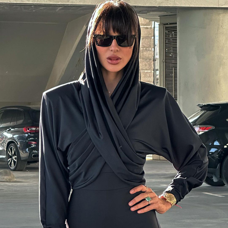 Ootddress Fashion Satin Hoodie Y2k Top For Women Long Sleeve Bandage Patchwork Solid Sexy Vintage Cropped Top Ladies Crop top Tee