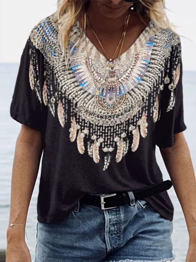Ladies Western Style Print Loose Short Sleeve T-Shirt