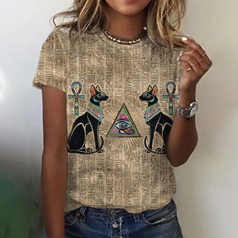 Egyptian Cats And Ankh Cross Vintage Casual T Shirt