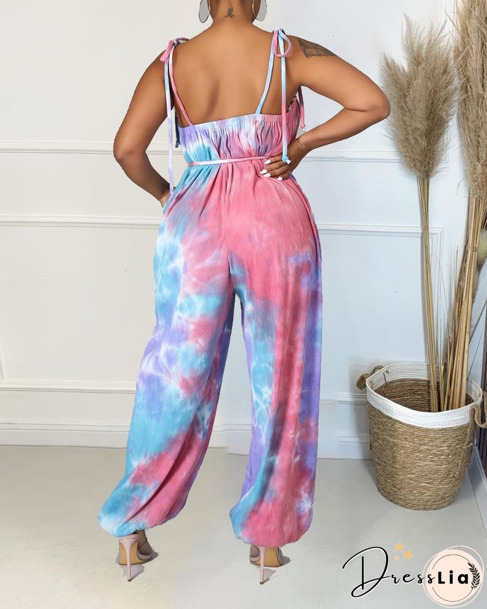 Tie Dye Frill Trim Fringe Belted Cami Jumpsuit