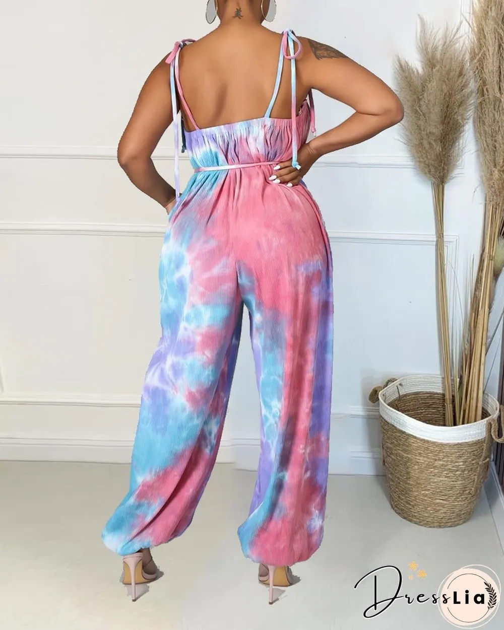 Tie Dye Frill Trim Fringe Belted Cami Jumpsuit