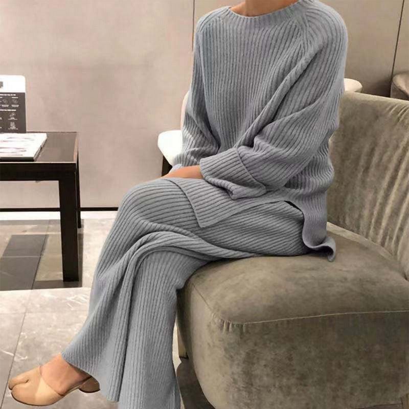 Women's Knitted Set Warm Split Pullover Sweater +wide Leg Pants Female Elegant Suit Two Piece Set 2021 Autumn Winter Knitwear