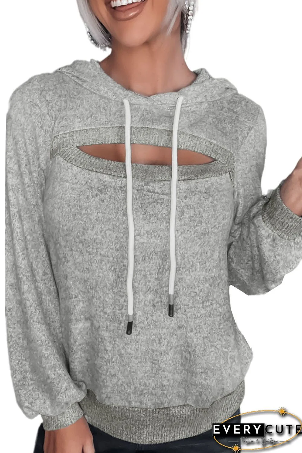 Gray Ribbed Trim Cut-out Bust Drawstring Hoodie