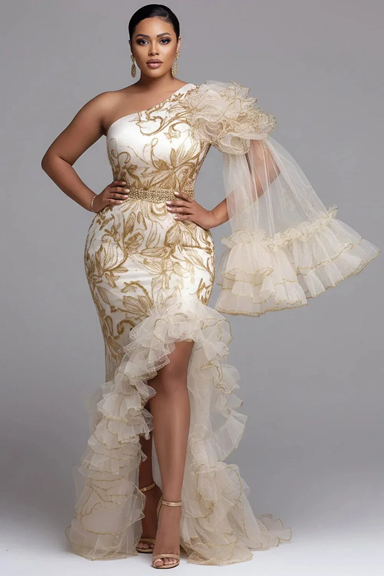 Xpluswear Design Plus Size Formal Gold Graphic One Shoulder Split Elegant Ruffle Tulle Maxi Dresses 2024 - Xpluswear
