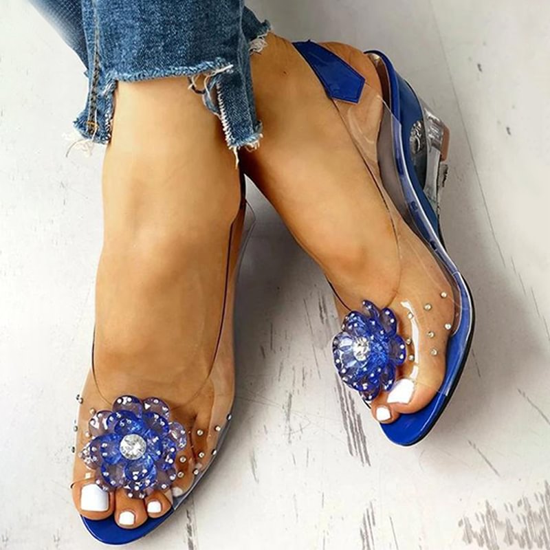 Womens Bohemian Clear Crystal Rhinestone Flower Wedge Sandals 3218