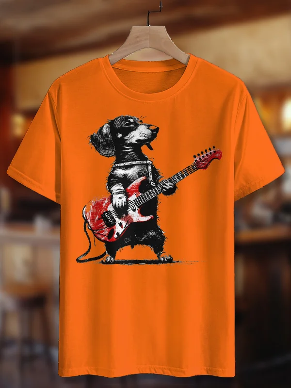 100% Cotton Men's Dachshund Playing Electric Guitar Print Casual T-Shirt