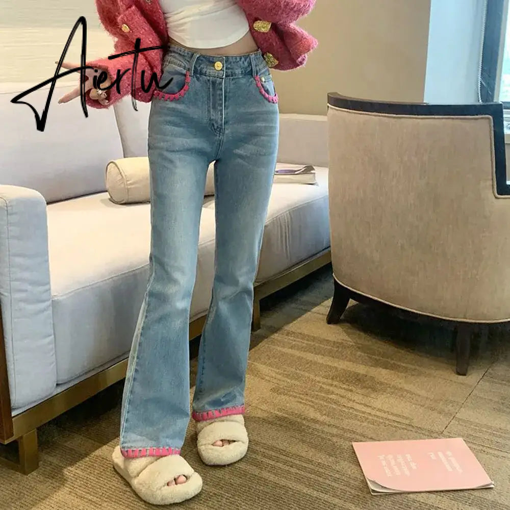 Aiertu Fashion Pink Line Contrast Color Jeans Spring Autumn Chic Denim Trousers Ladies Sweet Slim Wide-leg High Waist Women's Pants Aiertu