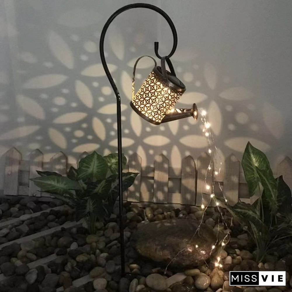 Retro Solar Watering Can Sprinkles LED Light Fairy Metal Wrought Iron Hollow Out Lamp