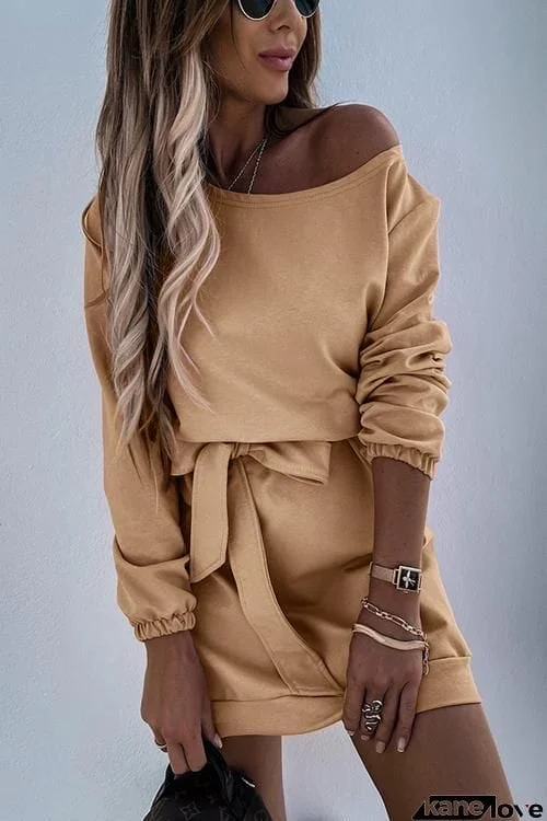 Dew Shoulder Belted Long Sleeve Mini Dress