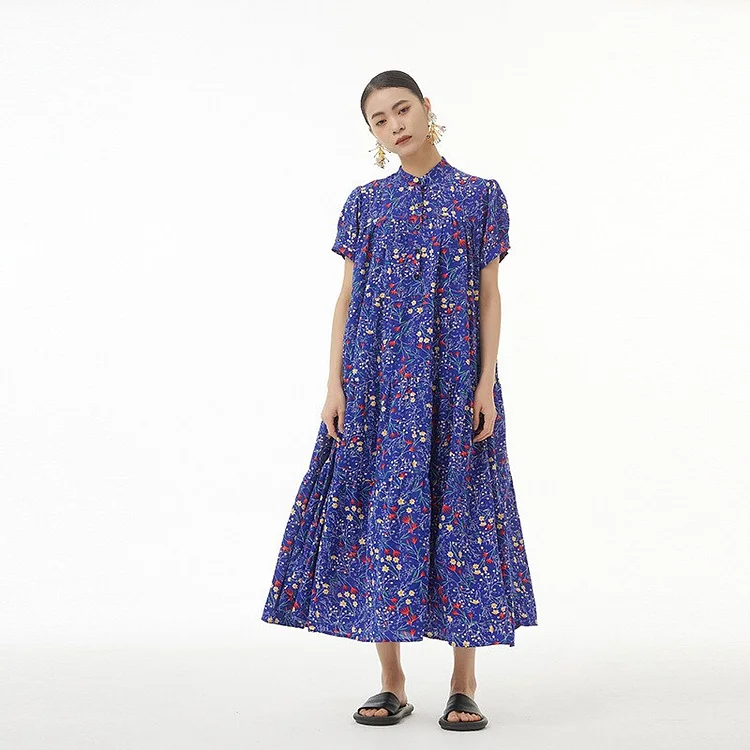 Temperament Half Stand Collar Floral Printed Pleated Short Sleeve Dress
