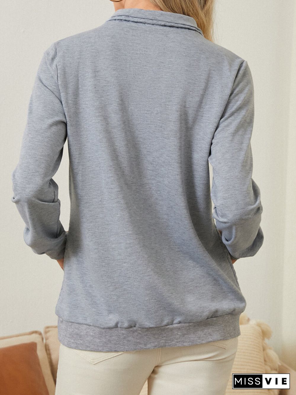 Solid Zip Front Pocket Long Sleeve Lapel Women Sweatshirt