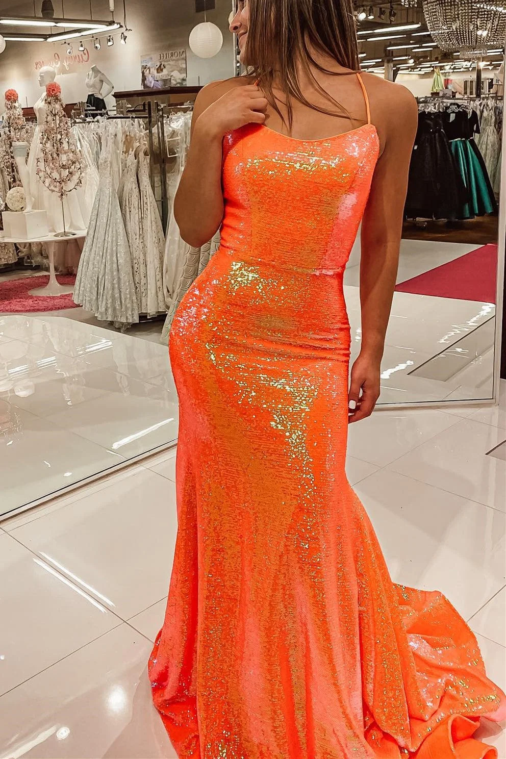 Luluslly Shinning Orange Mermaid Prom Dress Sequins With Spaghetti-Straps