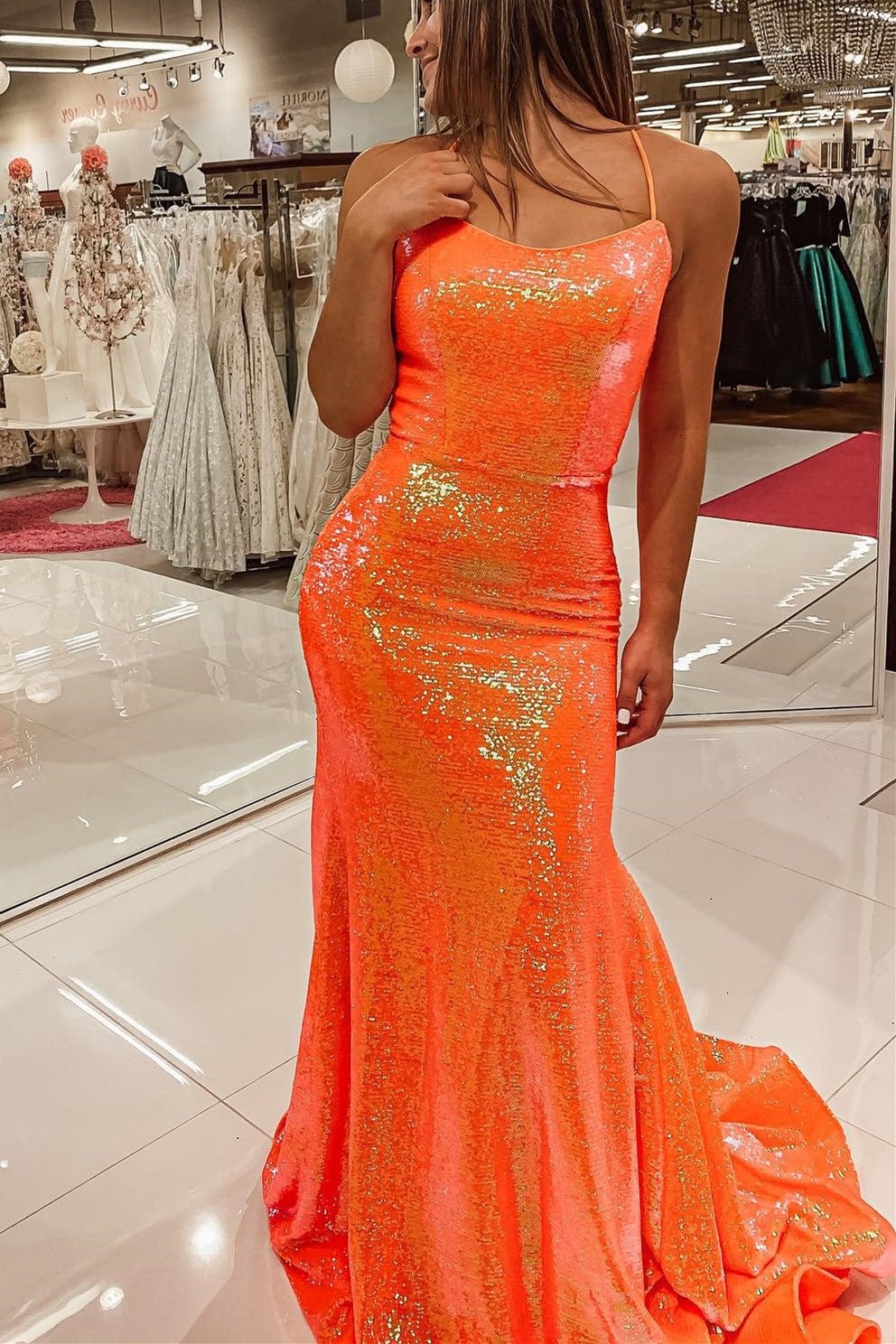 Bellasprom Orange Mermaid Prom Dress Sequins With Spaghetti-Straps Shinning