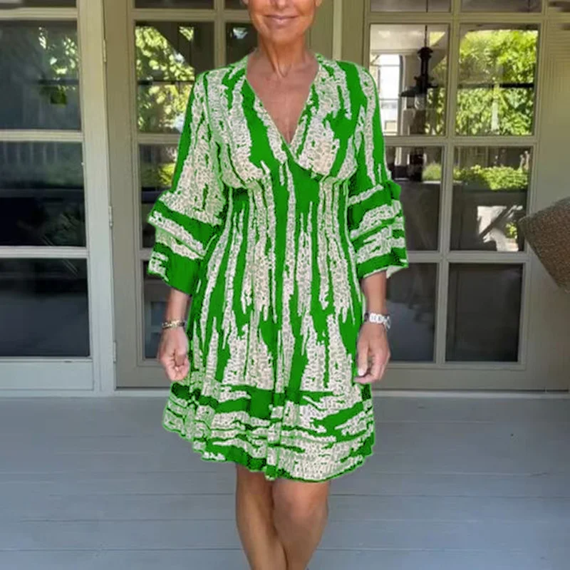 Mongw Mongw New Waist Horn Sleeve V-Neck Dress Summer Women's Print Medium Dress