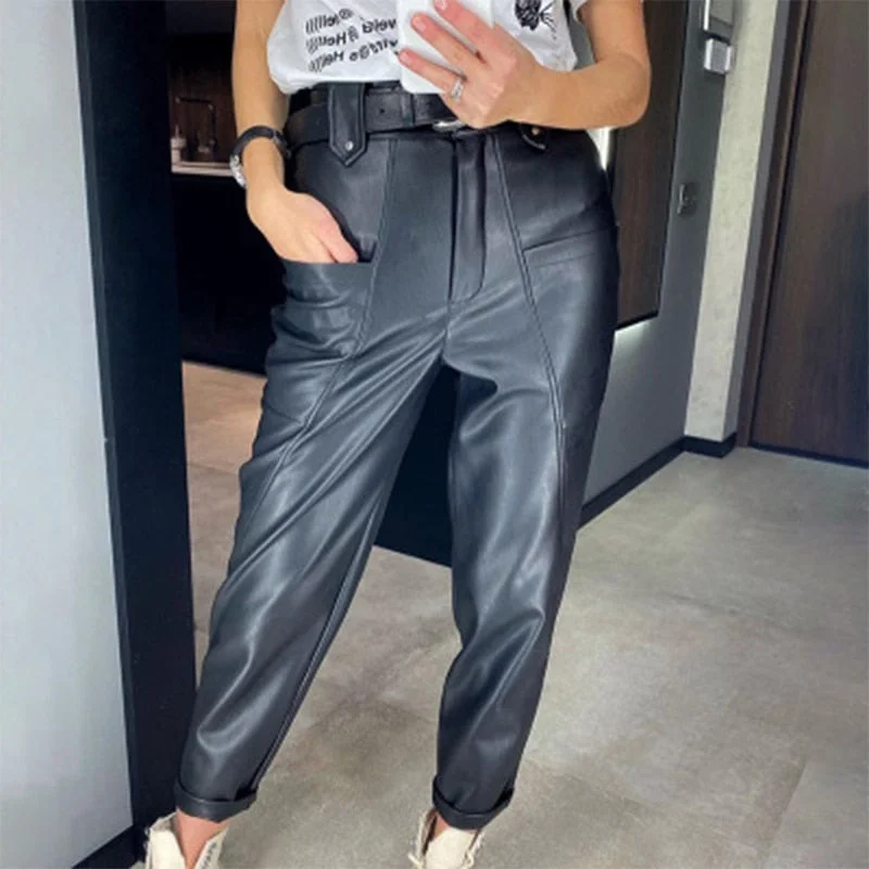 PU High Waist Faux Leather Trousers Female Big Pockets Design Vintage Streetwear Casual Women Straight Pant 2021 New Spring Lady