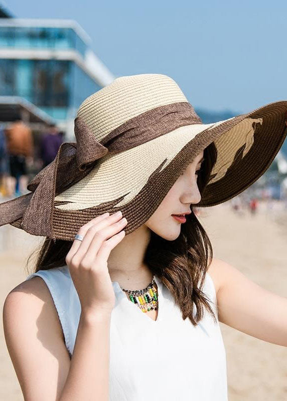 VCSHOES Coffee Bow Patchwork Straw Woven Beach Floppy Sun Hat