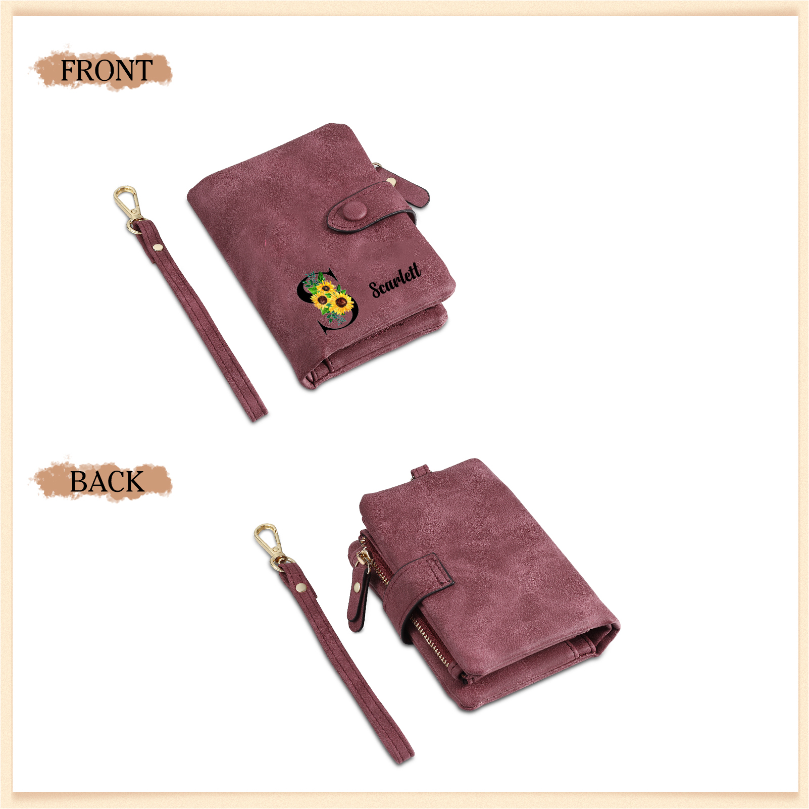 Portafoglio in PU pelle girasole con 1 letetra & 1 testo & 1 nome & 1 foto personalizzati per mamma/nonna